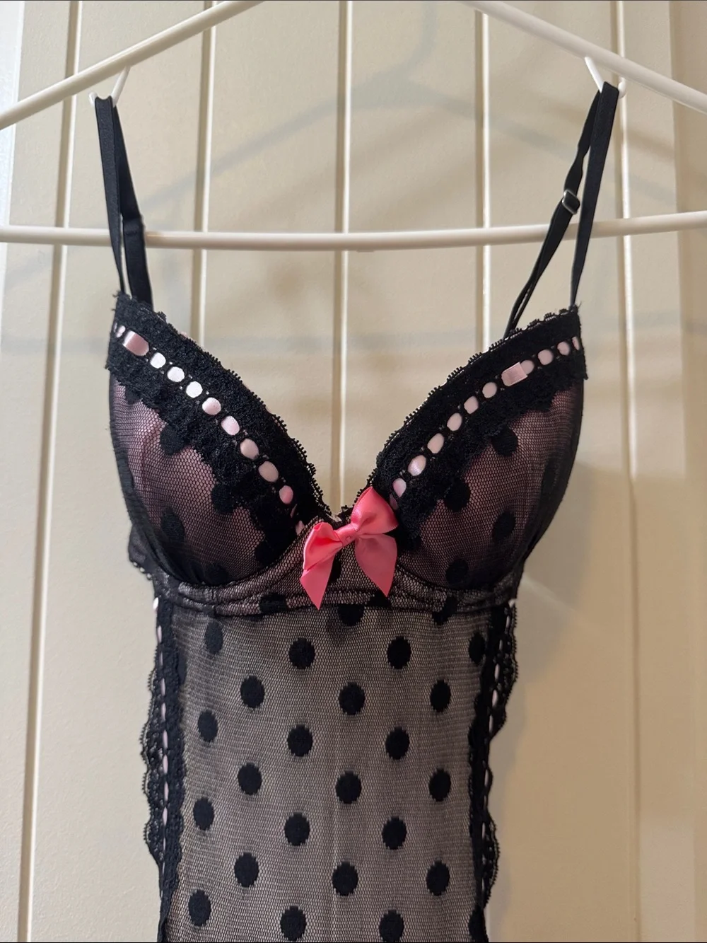 Victoria’s Secret Black Polka Dot Mesh Chemise with Pink Satin Bows 34B